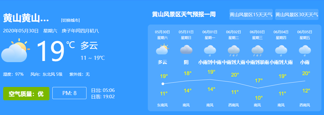 黄山风景区天气预报05月30日-06月05日