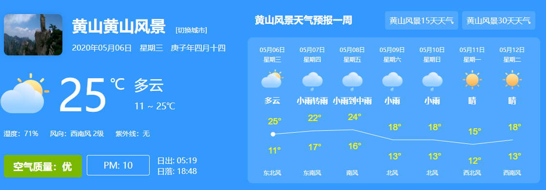 黄山风景区未来7天最新天气预报05月06日-05月12日